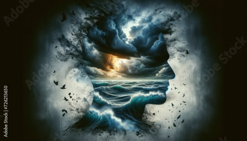 Outline filled with a stormy sea, depicting inner turmoil © spyrakot