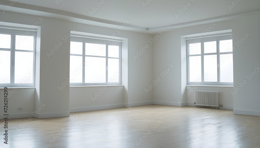 Empty white room, light parquet floor, three windows, two of them on the left wall, heater under the front one