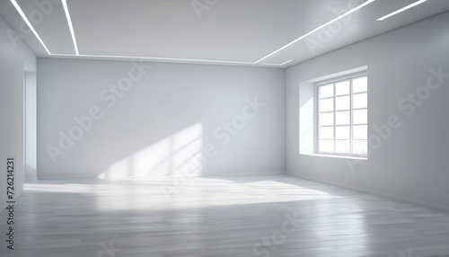 Empty white room, light floor, single window, led lights on the ceiling 