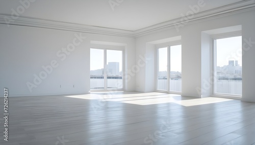 White empty room  light wood floor  three big windows  view over river and city