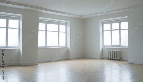 Empty white room, light parquet floor, three windows, two of them on the left wall, heater under the front one © Lied
