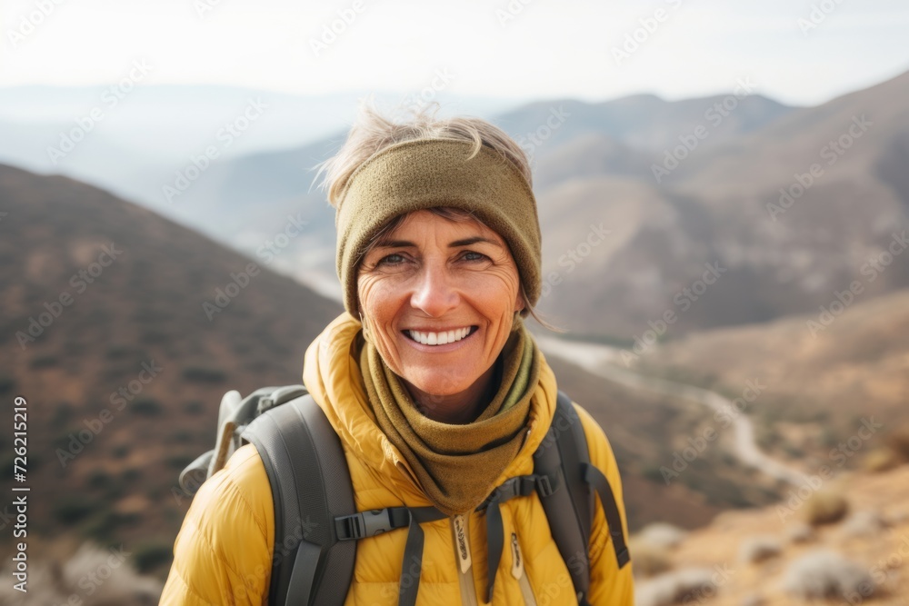 Portrait of a smiling woman hiker with backpack looking at camera.