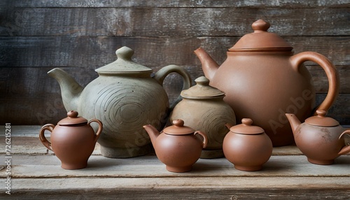 clay pots.an immersive 3D wallpaper with a curated collection of large clay ceramic teapots set against a wooden background. Aim for a composition that evokes the tranquility and artistry of a tea cer photo