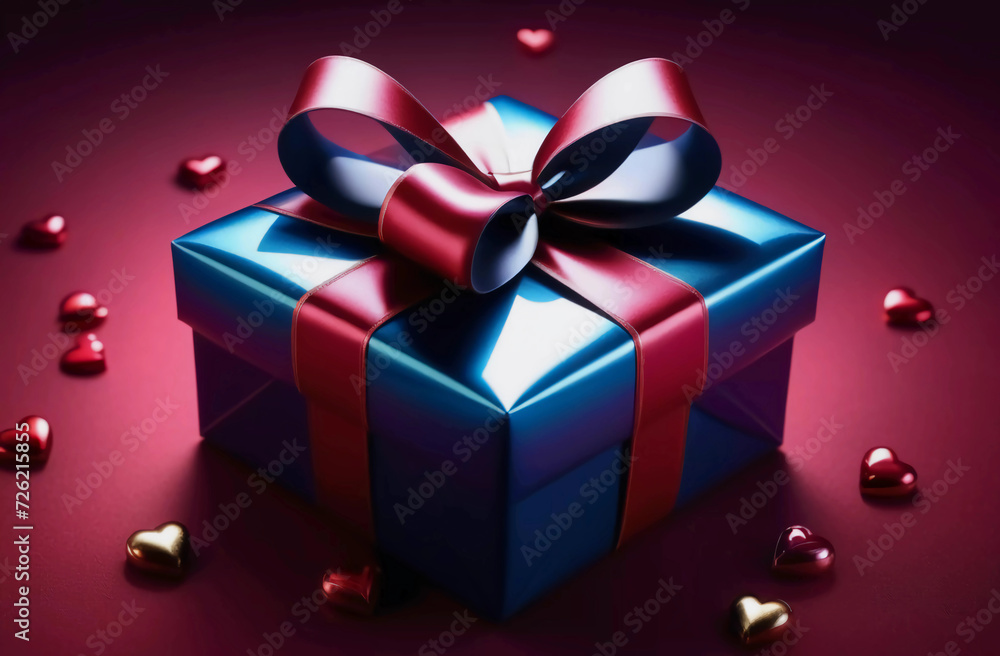 A blue gift box with a bow and hearts. Generative AI A blue gift box with a bow and hearts. Generative AI