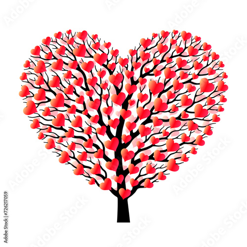 Tree shaped like heart symbol and many red small heart symbols