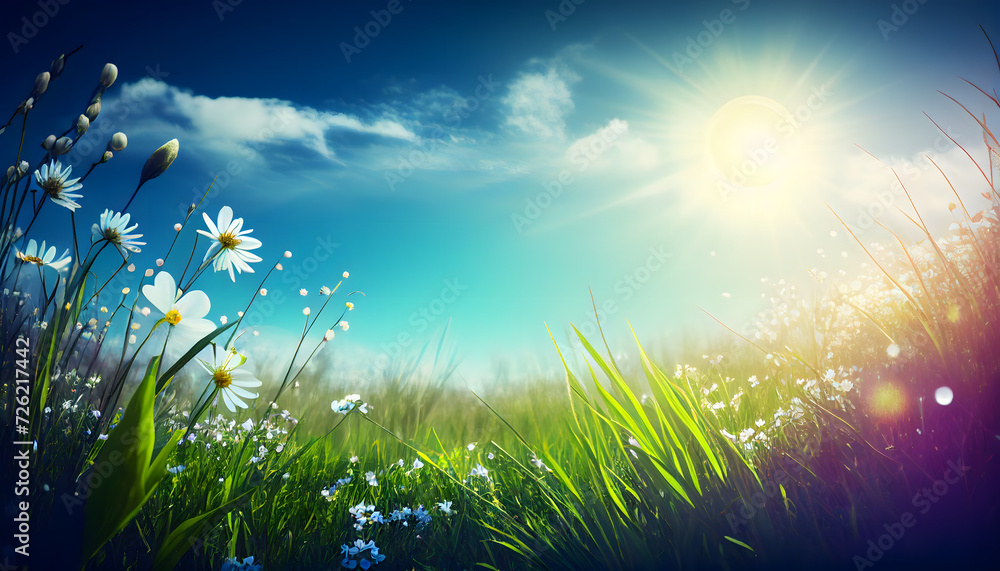 abstract spring nature background with fresh grass and flowers against sunny sky. Generative AI.