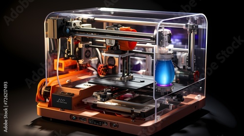 A high-resolution image of a 3D printer in action, the layers of filament forming a precise object, set against a neutral solid color backdrop, showcasing modern technology