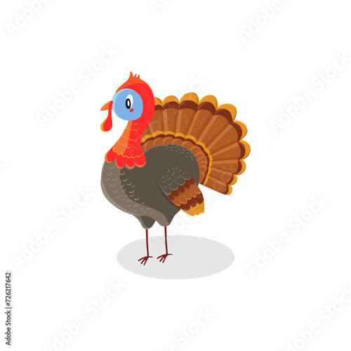 Colorful Cartoon Turkey Standing Alone on a Plain White Background