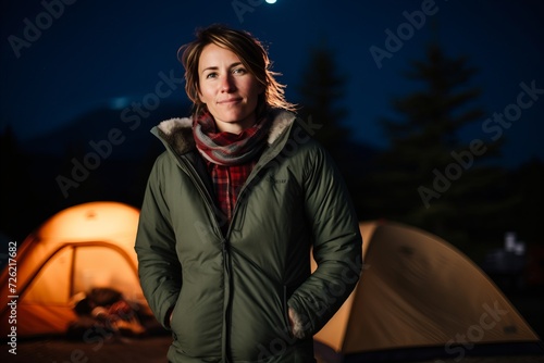 Beautiful woman hiker in the mountains at night. Camping.