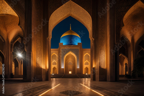 a large mosque that is lit up at night © KushbulaDesignMax