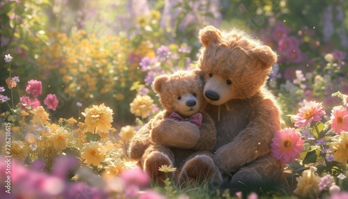 A realistic snapshot of teddy bears sharing a heartfelt moment in a sunlit garden, surrounded by blooming flowers © Teddy Bear