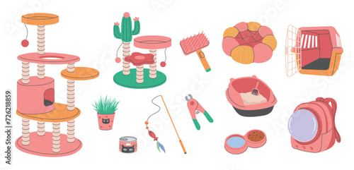Cat Accessories and Supplies Elements Collection, cat tree,scratching post,catnip,Cat teaser,cat litter ,cat food ,cat carrier ,isolated on white background.	