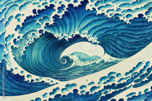 Photo Watercolor like illustration of rolling deep blue ocean waves, gale force wind high surf and white foam