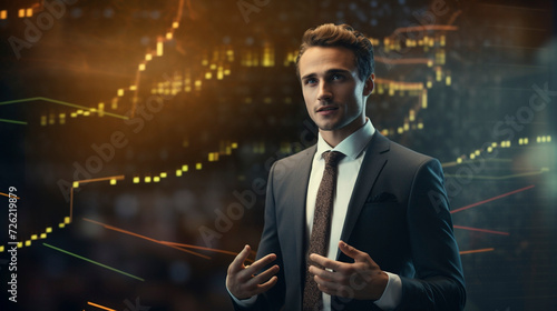 Crypto Navigator: Handsome Businessman Guiding Through Financial Charts, Generative AI