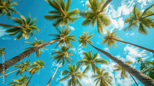 A breathtaking view looking upward at towering palm trees set against a pristine blue sky