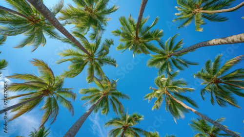 A breathtaking view looking upward at towering palm trees set against a pristine blue sky