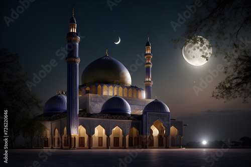 a mosque at night with a full moon