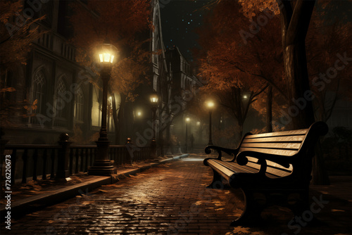 Step into the mysterious with a dark gothic bench, enchanting lighting, and cryptid academic ambiance on an empty walkway – a captivating streetscape.