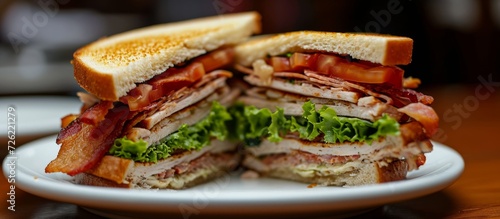 Club sandwich with turkey, bacon, lettuce, and tomato.