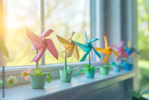  A series of origami wind turbines lined up on a windowsill. generative AI