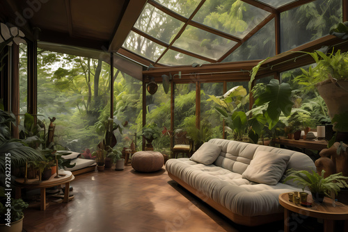 Ecological house with indoor plants in tropical climate. Living room with sofa and large windows, surrounded by tropical forest and jungle. Relaxed calm atmosphere, reconnection with nature