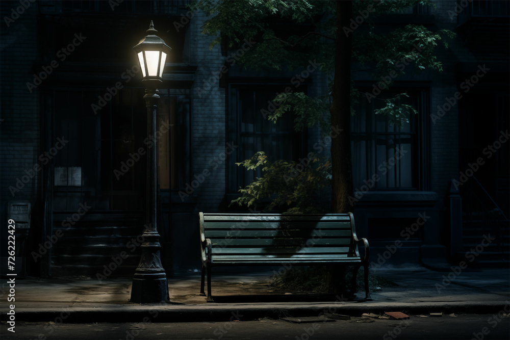 Captivating cinematic ambiance: a black bench, a lit lamp, and a dark building, evoke a dramatic scene in this atmospheric urban set.