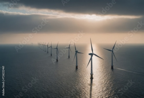 offshore wind farm at dusk, renewable energy background