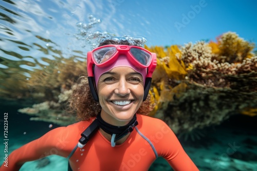 Portrait of smiling woman in orange swimsuit with snorkel underwater