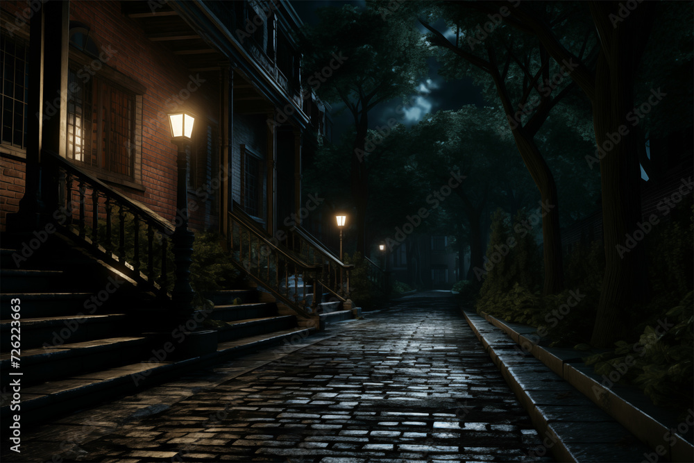 Explore a gothic revival night scene with a brick stone walkway, cinematic sets, and dark teal ambiance—a mesmerizing blend of New York School, 32K UHD, and Goblin Academia.