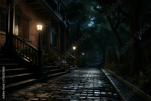 Explore a gothic revival night scene with a brick stone walkway, cinematic sets, and dark teal ambiance—a mesmerizing blend of New York School, 32K UHD, and Goblin Academia.