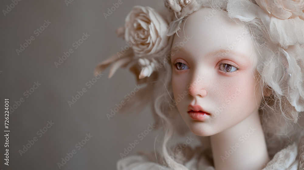 Portrait of a porcelain doll on a beige background
