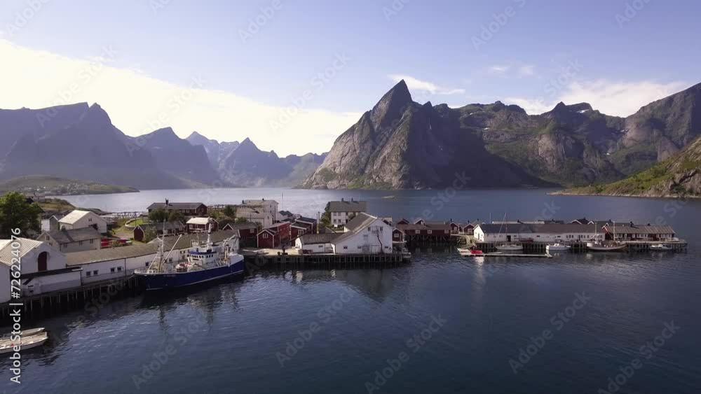 Aerial of a small harbor in Hamnoy, Norway Aerial of a small harbor in Hamnoy, Norway