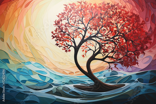 Discover nature s symphony in a vibrant tree painting  featuring delicate colors  harmonious curves  and leafy patterns in dark crimson and light aquamarine hues.
