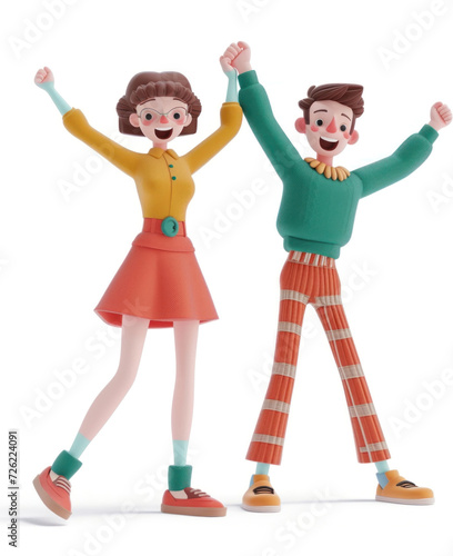 Man and woman rejoice on a white background in 3D style
