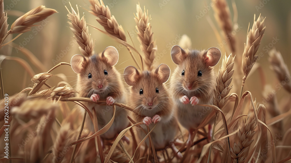 Obraz premium Three little mice sit on ears of millet 