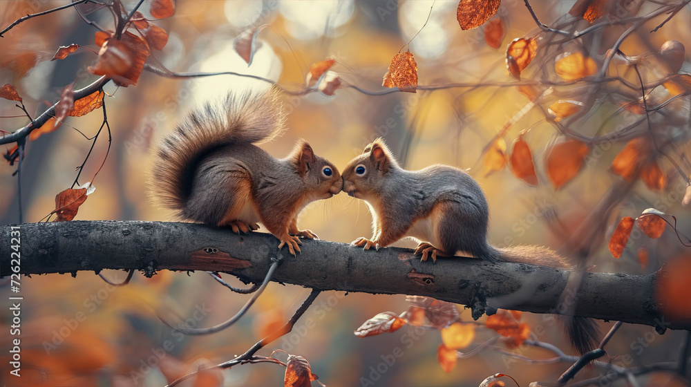 Two squirrels sniff each other while sitting on a branch
Two squirrels sniff each other while sitting on a branch