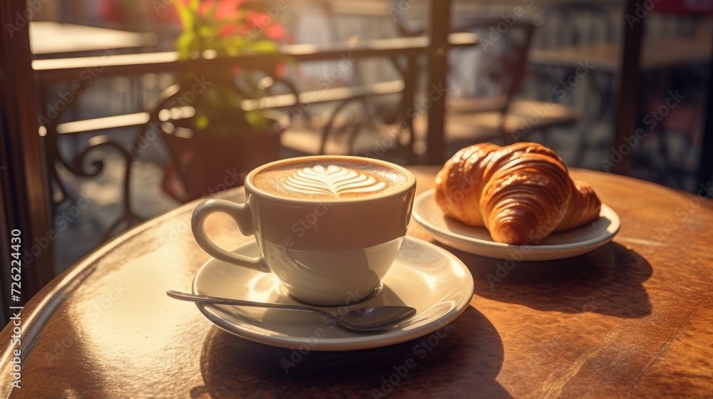 Cappuccino and croissant on the table in the cafe. Morning sunlight falls on the table, beautiful shadows appear. Delicious breakfast. Cappuccino and croissant on the table in the cafe. Morning sunlight falls on the table, beautiful shadows appear. Delicious breakfast.