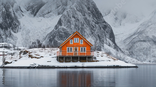 A small orange house stands by the lake against the background of mountains
