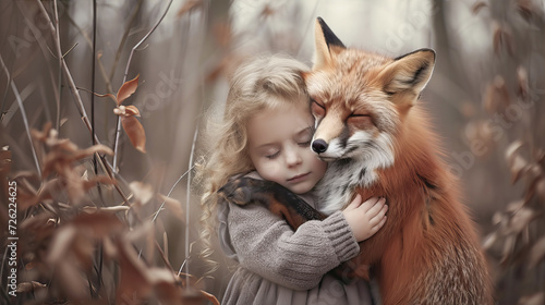 Little girl in the forest hugs a fox 