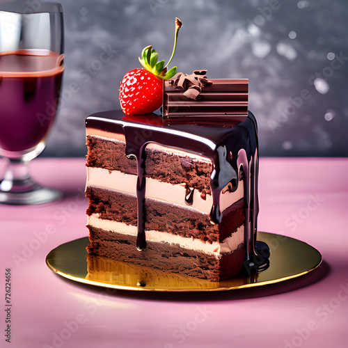 Chocolate cake with with steberry, mirror glass cake with chocolate garnish, strawberries and cherries. cake on a light grey background. Happy birthday cake tasty and eye catching design. copy space photo