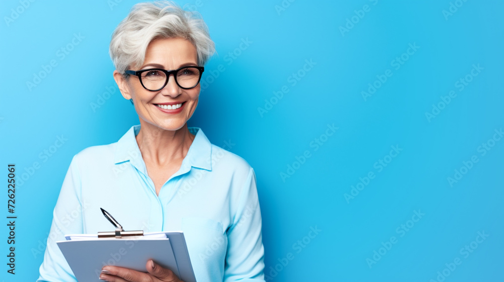 Photo of positive aged person hold clipboard pen touch chin contemplate isolated on blue background. 