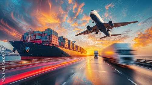 Obraz na płótnie global logistics. multimodal transportation with a cargo ship loaded with containers, a commercial airplane in flight and a truck on a coastal highway w salonie