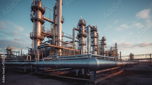 Industrial gas processing plant with pipes, valves, and machinery in a sunny day