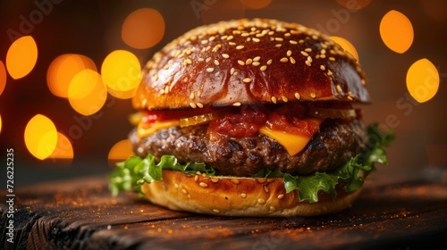 Juicy cheeseburger, American fast food on a wooden plate with bokeh light of grill background.