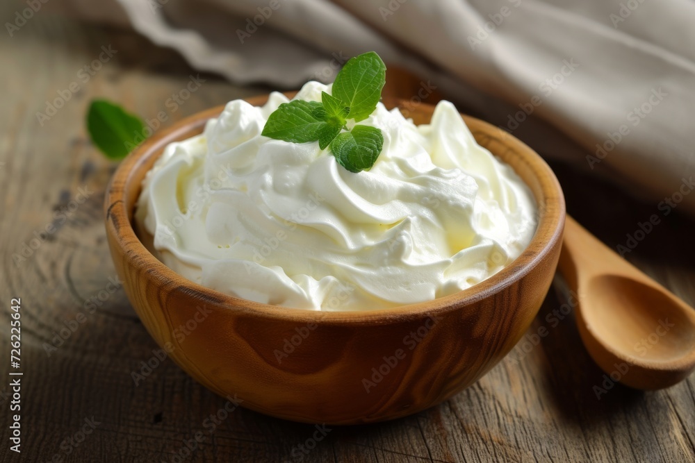 Whipped sour cream or yogurt in a wooden bowl with mint leaves on wooden table Whipped sour cream or yogurt in a wooden bowl with mint leaves on wooden table