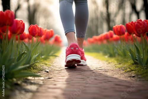 Close up of woman's feet with sport shoes jogging in park with red tulip spring flowers