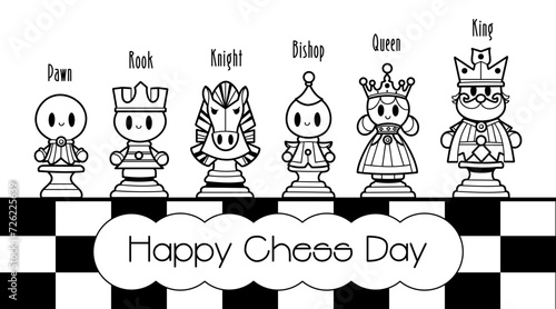 Chess pieces cartoon characters, cute hand drawn banner for board game, happy chess day banner, vector illustration.