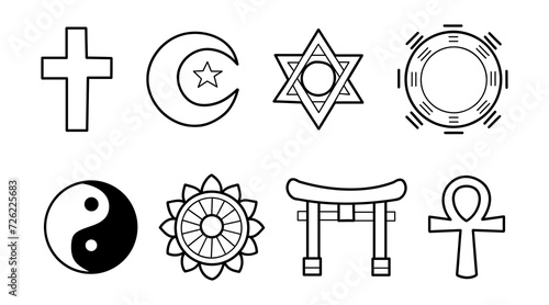 Religious and Spiritual symbols collection, universal icons and symbols of faith, monochromatic line art style, vector illustrations.