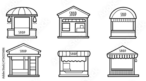 Boutique storefronts design collection, simple line art style, templates for shops and retails, vector illustration.