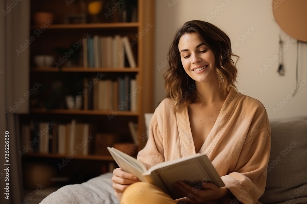 Young woman reading book while sitting on sofa in living room at home Young woman reading book while sitting on sofa in living room at home